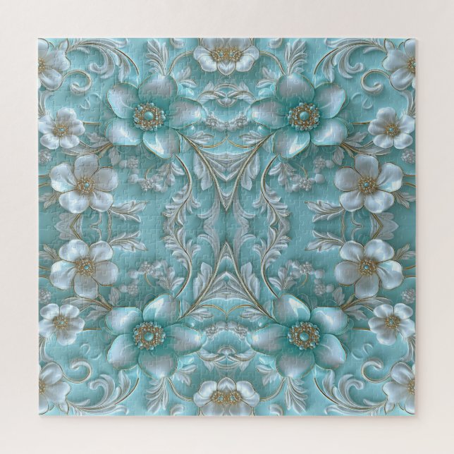Teal White Floral Quebra-cabeça (Vertical)