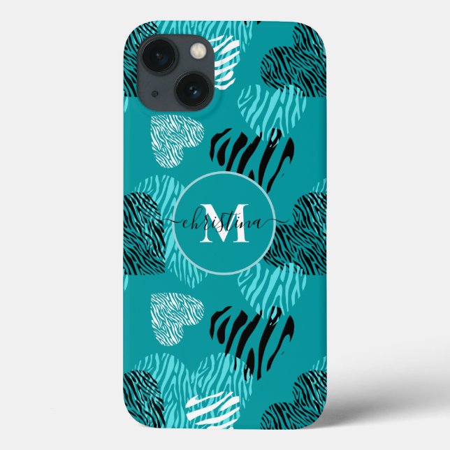 Teal White Zebra Print Hearts Monogramas capas de  (Verso)