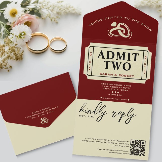 Teatro Retro de Cinema Admite Dois Casamentos de B (Retro Cinema Theater Admit Two Ticket Wedding All In One Invitation)