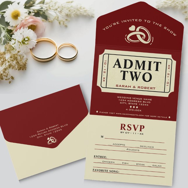 Teatro Retro de Cinema Admite Dois Casamentos de B (Retro Cinema Theater Admit Two Ticket Wedding All In One Invitation)
