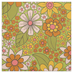 Tecido 1960, 1970 Retro Floral Verde e Laranja