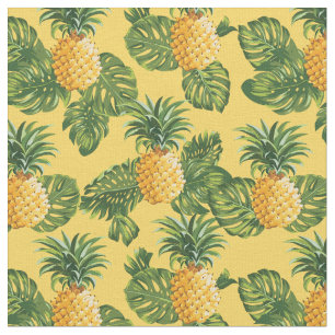 Tecido Abacaxis & folhas tropicais no ouro