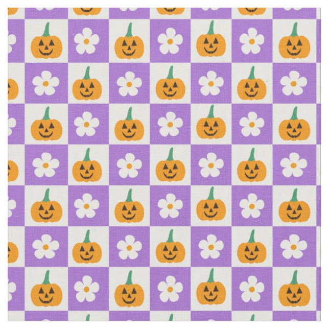 Tecido Abóboras de Halloween Xadrez e Flores Retrô (Detalhe)