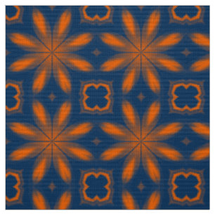 Tecido Abstrato floral caleidoscópio azul escuro laranja