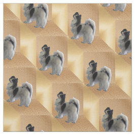 Tecido Adorável cão Papillon em Cubos Dourados