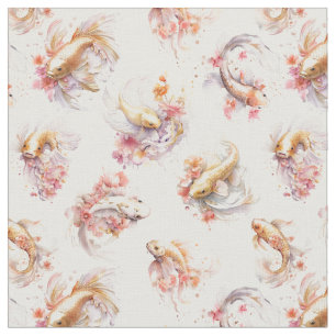 Tecido Água-forte Rosa Dourado Peixe Koi Floral