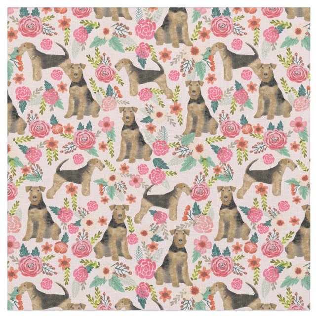 Tecido Airedale Terrier vintage floresce rosa (Detalhe)