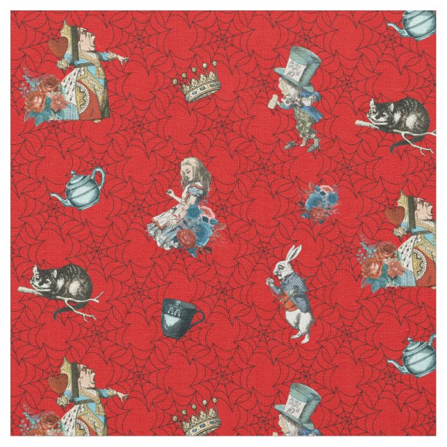 Tecido Alice no País das Maravilhas com teias vermelhas e (Detalhe)