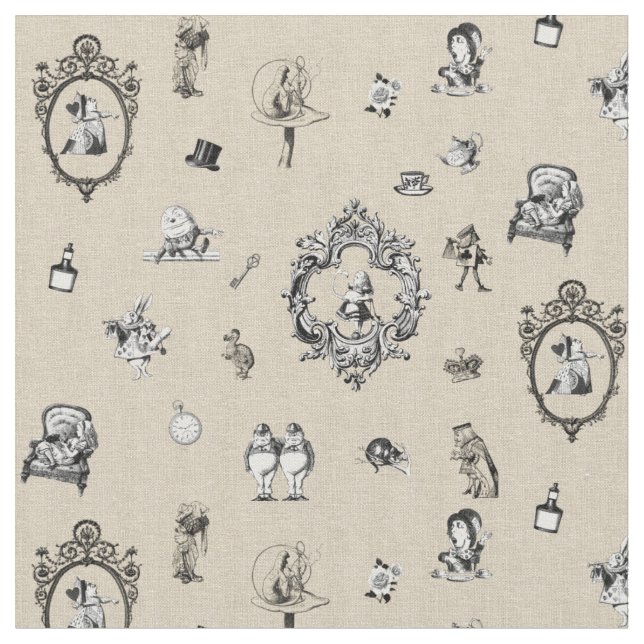 Tecido Alice no País das Maravilhas em Preto/Branco sobre (Detalhe)