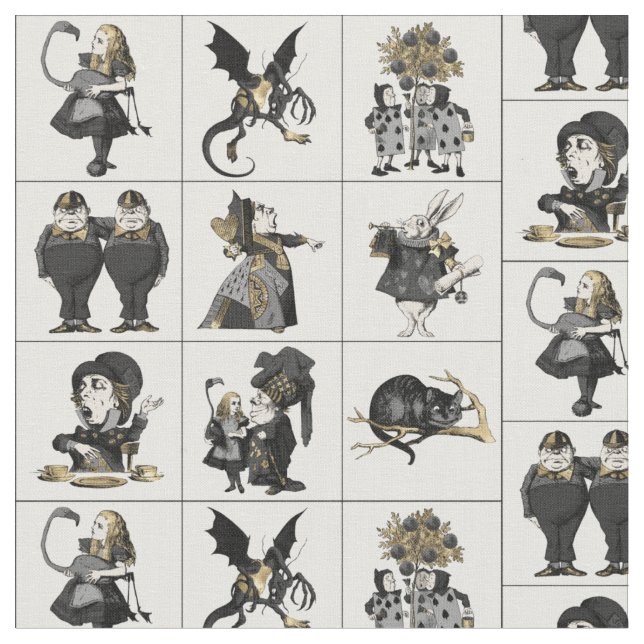 Tecido Alice no País das Maravilhas em Preto/Dourado na M (Detalhe)