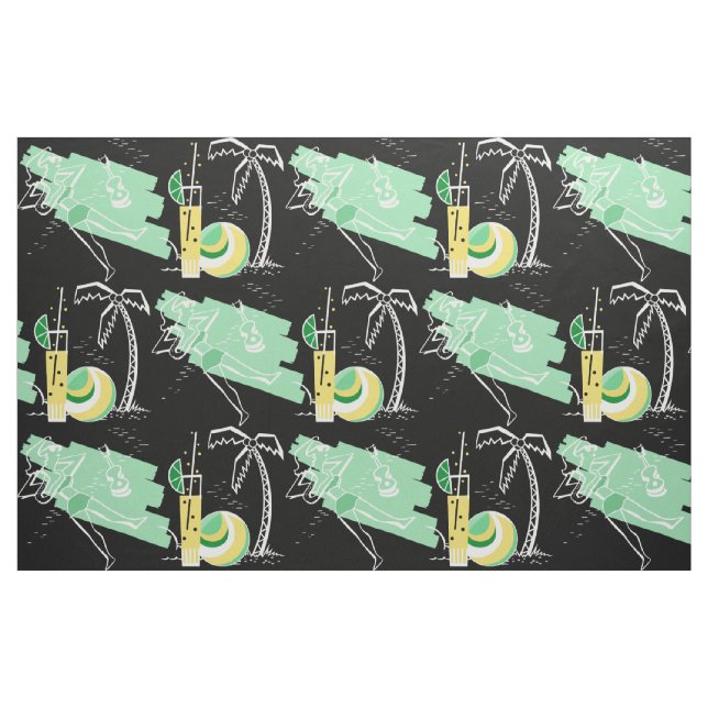 Tecido ALOHA: GRÁFICO RETRO BEACH em VERDE e AMARELO (Fat Quarter)