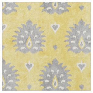 Tecido Amarelo-chico e cinza damasco padrão tribal ikat