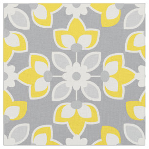 Tecido Amarelo e Cinza Moderna Geométrica Floral