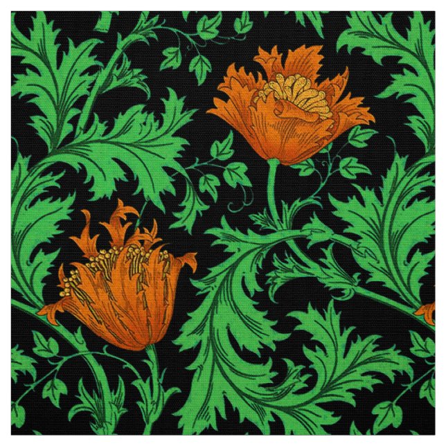 Tecido Anêmona, laranja, verde e preto de William Morris (Modelo)