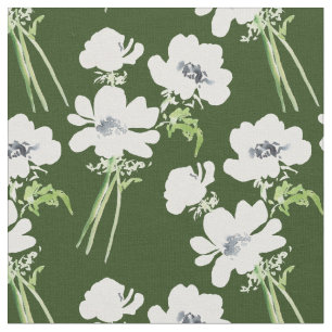 Tecido Anêmonas brancas de aquarela sobre fundo verde