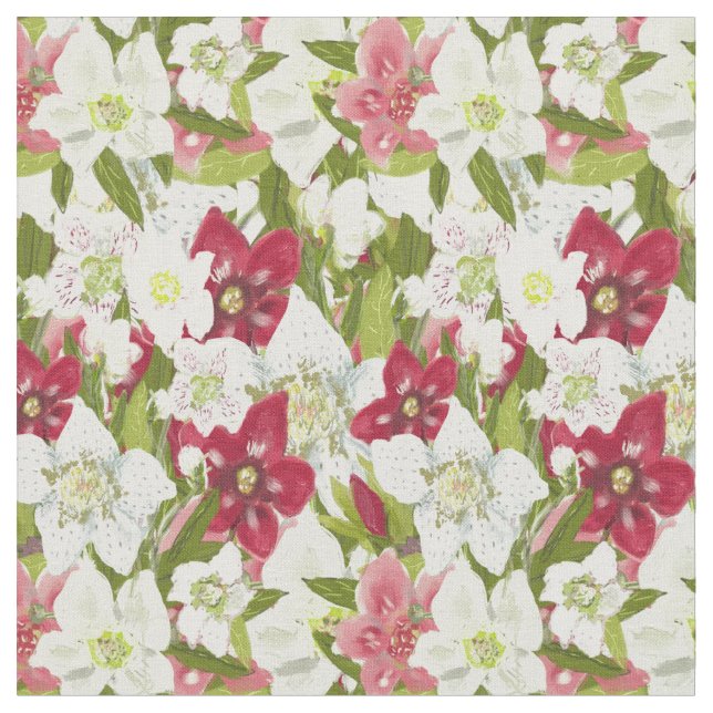 Tecido Anêmonas de Natal - Flores de Hellebores Pintadas (Detalhe)