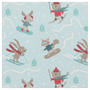 Tecido Animais de esqui e snowboard em azul claro