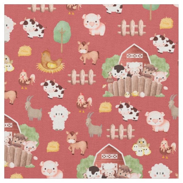 Tecido Animais de exploração em vermelho prisimático (Detalhe)