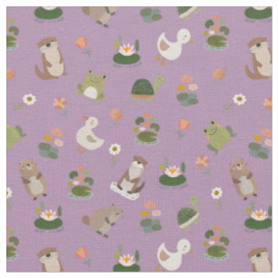 Tecido Animais do Lago & Folhas de Lótus em Roxo Claro