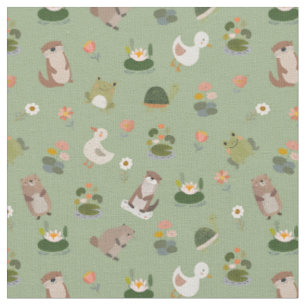 Tecido Animais do Lago & Folhas de Lótus em Verde Claro