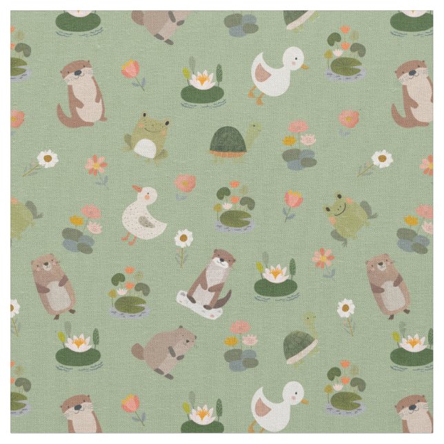 Tecido Animais do Lago & Folhas de Lótus em Verde Claro (Detalhe)