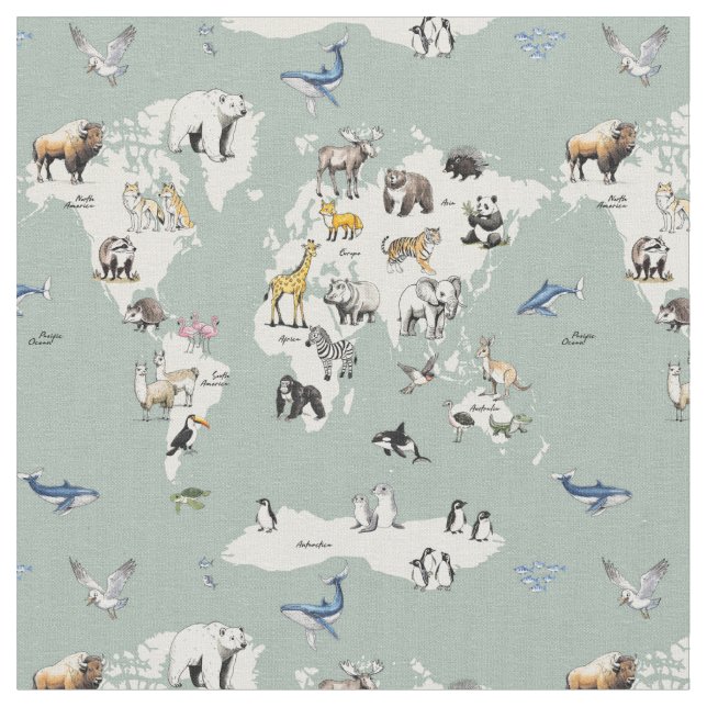 Tecido animais do mapa berçário do mundo - menta  (Detalhe)