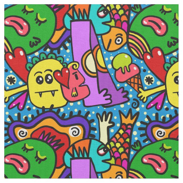 Tecido Anime design doodles faces smiles (Detalhe)