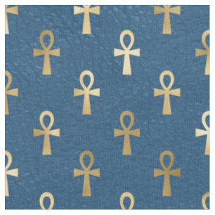 Tecido Ankh, Dourado metálico, no Azul