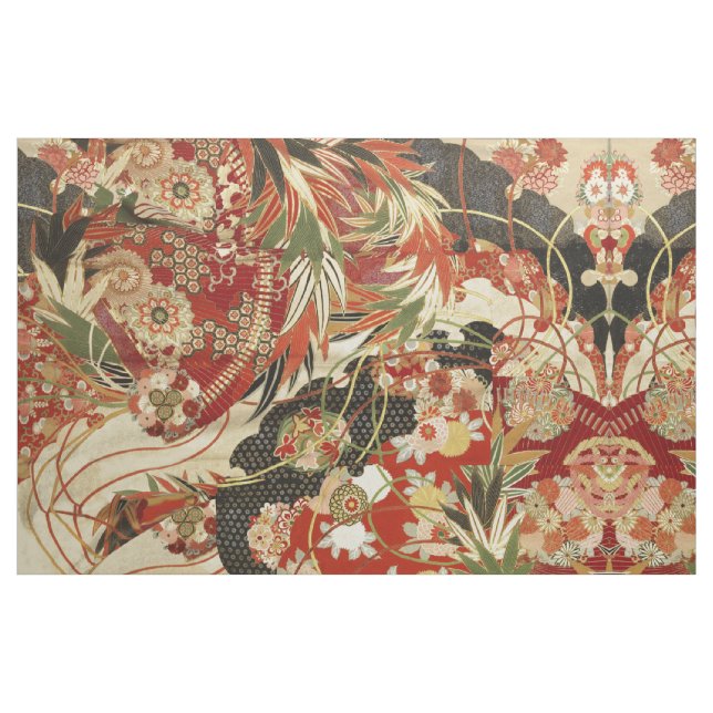 Tecido ANTIQUE FLORES JAPONESAS FLORES Vermelhas Verde Pr (Fat Quarter)