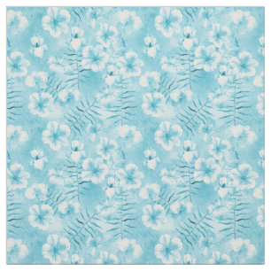 Tecido Aqua White Hibiscus Orchids Tropical Floral