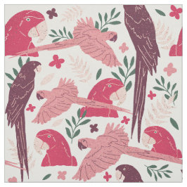 Tecido Ara Parrot Red Pink Padrão Tropical em Branco