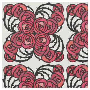 Tecido Art Nouveau Floral, vermelho e rosa preto, design