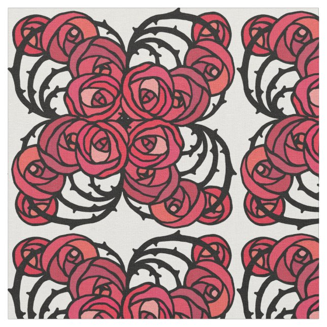 Tecido Art Nouveau Floral, vermelho e rosa preto, design (Detalhe)
