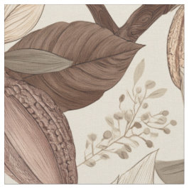 Tecido Arte Botânico de Vagens e Folhas de Cacau Vintage