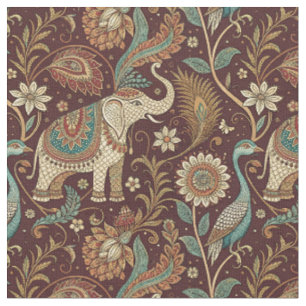 Tecido Arte de Design Floral Paisley com Elefante Indiano