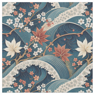 Tecido Arte de Padrão Floral de Onda Japonesa e Flor de C