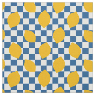 Tecido Arte Folclórica Limão em Xadrez em Dourado e Azul