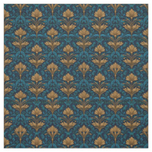 Tecido Arte Nova Azul Rústico Floral Ousado Dourado Vinta
