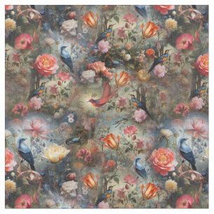 Tecido Arte Surrealista com Flores e Aves