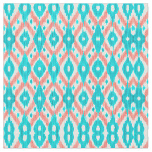 Tecido Artsy Coral Teal Abstrato Ikat Padrão Geométrico