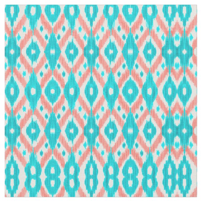 Tecido Artsy Coral Teal Abstrato Ikat Padrão Geométrico (Detalhe)