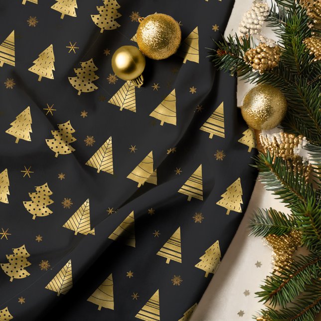 Tecido Árvores de Natal e Flocos de Neve Padrão Dourado I (Criador carregado)
