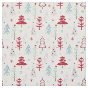 Tecido Árvores de Natal multicoloridas em branco