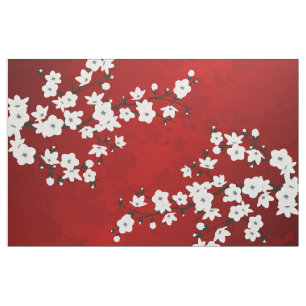 Tecido Asia Floral White Chersom Red