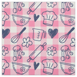 Tecido Assando Doodles em Gingham - Rosa e Azul Marinho