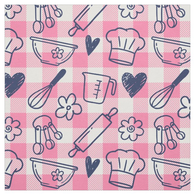 Tecido Assando Doodles em Gingham - Rosa e Azul Marinho (Modelo)