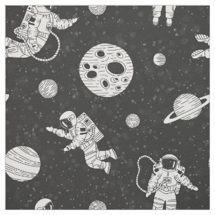 Tecido Astronautas no espaço sideral preto e branco