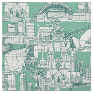 Tecido Austrália toile de jouy verde azul escuro menta