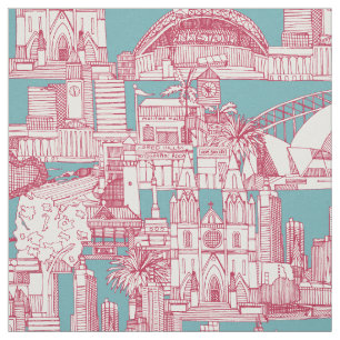 Tecido Austrália toile de jouy viva magenta turquesa