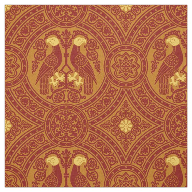 Tecido Aves Bizantinas Vermelhas-Laranja (Modelo)